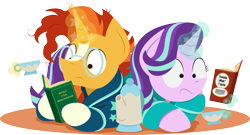 Size: 1065x577 | Tagged: safe, artist:bobthedalek, starlight glimmer, sunburst, pony, unicorn, bathrobe, book, clothes, female, frown, glasses, hoof hold, leaning, levitation, magic, male, mare, messy mane, no iris, reading, shipping, simple background, stallion, starburst, straight, teapot, telekinesis, transparent background, wide eyes