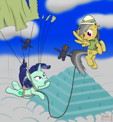 Size: 1201x1288 | Tagged: safe, artist:phallen1, daring do, rarity, oc, oc:precious jade, pony, unicorn, daringverse, falling, hat, parachute, pyramid, recolor