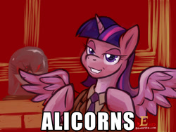 Size: 1200x900 | Tagged: safe, artist:hobbes-maxwell, derpibooru import, twilight sparkle, twilight sparkle (alicorn), alicorn, pony, magical mystery cure, alicorn amulet, ancient aliens, clothes, coat, giorgio a. tsoukalos, image macro, meme, necktie, smiling, smirk, smuglight sparkle, suit