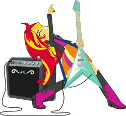 Size: 5448x5000 | Tagged: safe, artist:nano23823, sunset shimmer, equestria girls, rainbow rocks, .svg available, absurd resolution, boots, clothes, equipment, eyes closed, flying v, guitar, guitar pick, leather jacket, musical instrument, playing, simple background, skirt, solo, speaker, sunset shredder, transparent background, vector