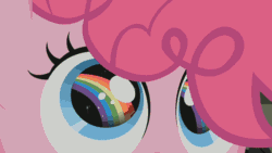 Size: 1280x720 | Tagged: safe, screencap, pinkie pie, earth pony, pony, the cutie mark chronicles, animated, dilated pupils, eyes on the prize, filly, filly pinkie pie, happy, looking up, open mouth, rainbow, rainbow eyes, rock farm, smiling, solo, starry eyes, wingding eyes, younger