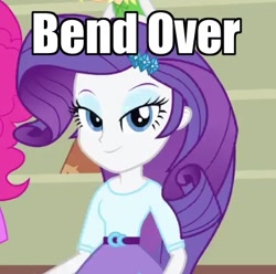 Size: 402x398 | Tagged: safe, rarity, equestria girls, equestria girls (movie), bend over, caption, meme