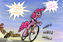 Size: 1800x1200 | Tagged: safe, artist:almaska, edit, applejack, pinkie pie, earth pony, pony, semi-anthro, anatomically incorrect, bicycle, bipedal, clothes, female, happy wheels, hoof hold, incorrect leg anatomy, jacket, leather jacket, mare, motion lines, motorcycle, onomatopoeia, open mouth, pewdiepie, pinkie being pinkie, pinkie pie/ pewdiepie combiner, riding, sky, smiling, street, yelling