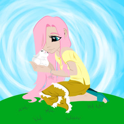 Size: 894x894 | Tagged: safe, artist:linaprime, angel bunny, fluttershy, clothes, hippie, humanized, skirt