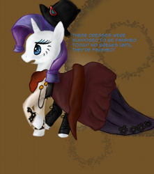Size: 1460x1652 | Tagged: safe, artist:lisa400, rarity, pony, unicorn, clothes, dialogue, dress, solo, steampunk