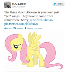 Size: 510x521 | Tagged: safe, fluttershy, pegasus, pony, female, m.a. larson, mare, pink mane, twitter, yellow coat