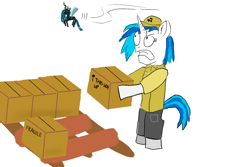 Size: 1500x1000 | Tagged: safe, artist:horsesplease, dj pon-3, queen chrysalis, vinyl scratch, changeling, changeling queen, mosquito, pony, unicorn, annoyed, behaving like an insect, bipedal, box, bugs doing bug things, micro, packing, paint tool sai, pallet, upset, wat