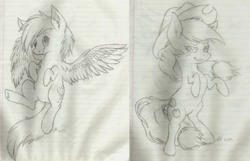 Size: 1024x660 | Tagged: safe, artist:bubblyblackbird, applejack, derpy hooves, earth pony, pegasus, pony, female, lined paper, mare, sketch, traditional art