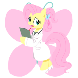 Size: 1000x1000 | Tagged: safe, artist:30clock, fluttershy, pegasus, pony, alternate hairstyle, bipedal, clipboard, doctor, doctor fluttershy, pixiv, solo, stethoscope