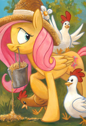 Size: 559x818 | Tagged: safe, artist:kenket, artist:spainfischer, fluttershy, chicken, pegasus, pony, bucket, corn, hat