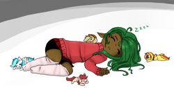 Size: 891x453 | Tagged: safe, applejack, barb, bubble berry, spike, spitfire, ask equestrian boys, askequestrianboys, clothes, cute, elf ears, eyes closed, humanized, on side, rule 63, sleeping, socks, zzz