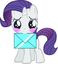 Size: 854x935 | Tagged: safe, artist:purezparity, rarity, pony, unicorn, blushing, crush, female, filly, letter, mouth hold, simple background, solo, transparent background, vector