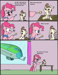 Size: 1708x2200 | Tagged: safe, artist:pandramodo, pinkie pie, pound cake, earth pony, pony, babysitting, boeing 737, comic, food, imminent death, implied derpy, literal, plane