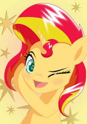 Size: 1280x1828 | Tagged: safe, artist:toughbluff, sunset shimmer, pony, unicorn, looking at you, solo, wingding eyes, wink