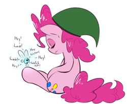 Size: 1888x1544 | Tagged: safe, artist:kryptchild, pinkie pie, earth pony, parasprite, pony, crossover, duo, female, hat, mare, navi, paraspritized, simple background, species swap, the legend of zelda