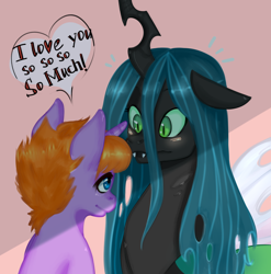 Size: 1200x1213 | Tagged: safe, artist:sonysosony, queen chrysalis, oc, changeling, changeling queen, pony, unicorn, blushing, commission, duo, female, looking at each other, male, stallion, sweat, ych result