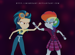 Size: 699x509 | Tagged: safe, artist:miqueart, derpibooru import, indigo zap, rainbow dash, equestria girls, alternate hairstyle, alternate universe, base used, clothes, crystal prep academy uniform, female, goggles, jeans, pants, school uniform, skirt