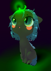 Size: 1080x1500 | Tagged: safe, artist:labglab, queen chrysalis, changeling, changeling queen, pony, big eyes, blushing, chibi, child, cute, cutealis, dark background, green eyes, magic, rcf community, solo, wings