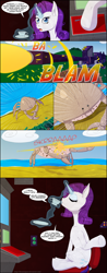 Size: 850x2174 | Tagged: safe, artist:deusexequus, rarity, crab, pony, unicorn, cannon, comic, death, female, mare, rarity fighting a giant crab, sitting, tea