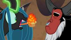 Size: 1920x1080 | Tagged: safe, derpibooru import, screencap, lord tirek, queen chrysalis, centaur, changeling, changeling queen, frenemies (episode), cupcake, duo, female, food, long tongue, magic, male, nose piercing, nose ring, piercing, tongue out, uncomfortable