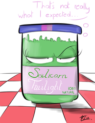 Size: 700x900 | Tagged: safe, artist:keentao, derpibooru import, twilight sparkle, bottle, jar, raised eyebrow, salicornia, thought bubble, unamused