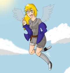 Size: 1024x1067 | Tagged: safe, artist:nkpancake, derpy hooves, humanized, peace sign, sky, solo, winged humanization