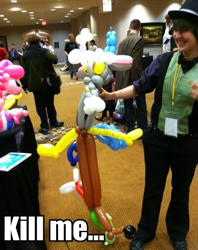 Size: 500x630 | Tagged: safe, discord, pinkie pie, balloon, balloon animal, image macro, irl, photo