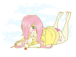 Size: 633x470 | Tagged: safe, artist:tingsy, fluttershy, blushing, bunny print underwear, clothes, cutie mark, humanized, panties, pink underwear, solo, sweater, sweatershy, underwear