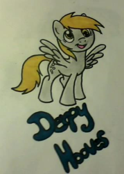 Size: 320x448 | Tagged: safe, artist:songthedemonpuppy, derpy hooves, pegasus, pony, female, happy, mare, solo, traditional art