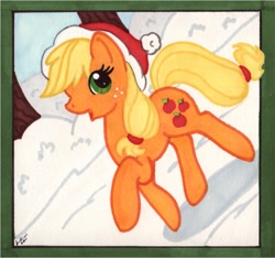 Size: 661x618 | Tagged: safe, artist:jenkiwi, applejack, earth pony, pony, christmas, female, frame, hat, mare, santa hat, snow, traditional art