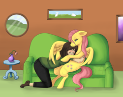 Size: 900x705 | Tagged: safe, artist:sailorsun546, fluttershy, human, comforting, crying, hug, sad, sofa, winghug