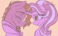 Size: 800x500 | Tagged: safe, artist:fanaticpanda, starlight glimmer, sunburst, pony, eyes closed, facial hair, female, glasses, goatee, horns are touching, male, monochrome, shipping, smiling, starburst, straight