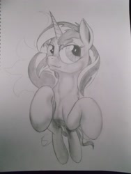 Size: 3216x4288 | Tagged: safe, artist:scribblepwn3, sunset shimmer, pony, unicorn, monochrome, pencil drawing, running, solo, traditional art