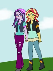 Size: 960x1280 | Tagged: safe, artist:hayley566, starlight glimmer, sunset shimmer, equestria girls, beanie, blushing, boots, clothes, female, hat, holding hands, jacket, leather jacket, lesbian, pants, shimmerglimmer, shipping, shoes, torn clothes