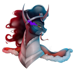 Size: 5500x5500 | Tagged: safe, artist:melodyboundless, derpibooru import, king sombra, pony, absurd resolution, armor, bust, curved horn, dark magic, darkness, fangs, horn, lidded eyes, long tongue, magic, male, portrait, signature, simple background, solo, sombra eyes, squint, stallion, teeth, tongue out, transparent background