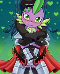 Size: 1000x1220 | Tagged: safe, artist:vavacung, derpibooru import, queen chrysalis, spike, changeling, changeling queen, dragon, armor, blushing, cape, chryspike, clothes, cover art, faceless female, fanfic, fanfic art, fanfic cover, female, implied hemipenis, innuendo, long tongue, male, shipping, straight, sword, tongue out, weapon