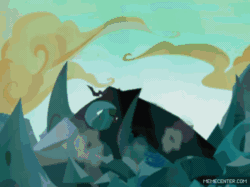 Size: 500x374 | Tagged: safe, edit, edited screencap, screencap, queen chrysalis, changeling, changeling queen, to where and back again, animated, animation error, autobot, chrysalis encounters heroes, crossover, drill, female, former queen chrysalis, gif, glowing horn, hissing, magic, sharp teeth, signal lancer, spear, staff, such as, teeth, traffic light, transformers, transformers cybertron, transformers galaxy force, twirl, weapon