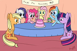 Size: 2400x1600 | Tagged: safe, artist:joey, derpibooru import, applejack, fluttershy, pinkie pie, rainbow dash, rarity, spike, twilight sparkle, twilight sparkle (alicorn), alicorn, dragon, earth pony, pegasus, pony, unicorn, cake, food, happy birthday mlp:fim, mane seven, mane six, mlp fim's seventh anniversary, party