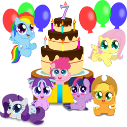 Size: 1500x1500 | Tagged: safe, artist:spellboundcanvas, derpibooru import, applejack, fluttershy, pinkie pie, rainbow dash, rarity, starlight glimmer, twilight sparkle, twilight sparkle (alicorn), alicorn, earth pony, pegasus, pony, unicorn, balloon, birthday candles, cake, candle, chibi, cute, dashabetes, diapinkes, female, food, glimmerbetes, happy birthday mlp:fim, jackabetes, mane six, mlp fim's seventh anniversary, raribetes, shyabetes, simple background, sitting, transparent background, twiabetes, weapons-grade cute