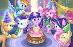 Size: 1860x1200 | Tagged: safe, artist:tcn1205, derpibooru import, applejack, fluttershy, pinkie pie, rainbow dash, rarity, spike, starlight glimmer, twilight sparkle, twilight sparkle (alicorn), alicorn, dragon, earth pony, pegasus, pony, unicorn, birthday candles, cake, cider, female, food, happy birthday mlp:fim, hat, mane seven, mane six, mare, mlp fim's seventh anniversary, party hat