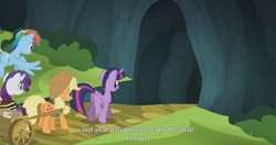 Size: 1440x761 | Tagged: safe, derpibooru import, screencap, applejack, rainbow dash, rarity, twilight sparkle, twilight sparkle (alicorn), alicorn, earth pony, pegasus, pony, unicorn, trade ya, female, mare, meme, youtube caption