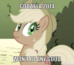 Size: 510x451 | Tagged: safe, applejack, earth pony, pony, godzilla (series), godzilla 2014, image macro, liar face, liarjack, utter bullshit