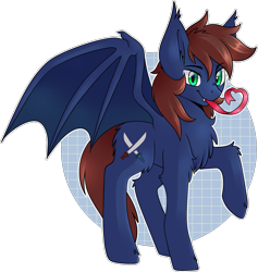 Size: 1737x1830 | Tagged: safe, artist:vert_glamis, derpibooru import, oc, oc:warly, bat pony, pony, bat pony oc, bat wings, fangs, forked tongue, heart, long tongue, looking at you, male, simple background, solo, stallion, tongue out, transparent background, wings