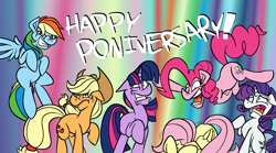 Size: 2407x1336 | Tagged: safe, artist:cowsrtasty, derpibooru import, applejack, fluttershy, pinkie pie, rainbow dash, rarity, twilight sparkle, earth pony, pegasus, pony, unicorn, happy birthday mlp:fim, mane six, mlp fim's seventh anniversary