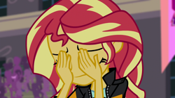 Size: 1280x720 | Tagged: safe, screencap, sunset shimmer, equestria girls, friendship games, double facepalm, facepalm, reaction image, solo, sunsad shimmer