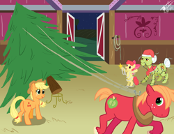 Size: 2686x2062 | Tagged: safe, artist:godzilla3092, apple bloom, applejack, big macintosh, granny smith, earth pony, pony, apple family, christmas lights, christmas tree, hat, male, santa hat, stallion, tree