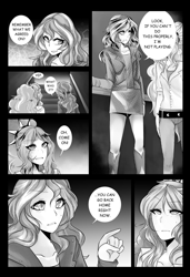 Size: 768x1124 | Tagged: safe, artist:silvertrash, adagio dazzle, sunset shimmer, equestria girls, comic, fanfic art, female, i wanna be your pony, lesbian, monochrome, shipping, sunsagio