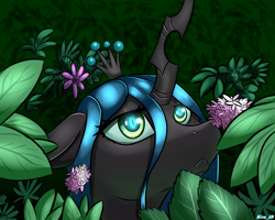 Size: 2500x2000 | Tagged: safe, artist:kirasunnight, queen chrysalis, changeling, changeling queen, cute, cutealis, female, flower, hiding, solo