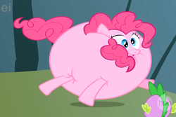 Size: 944x630 | Tagged: safe, screencap, pinkie pie, spike, dragon, earth pony, pony, feeling pinkie keen, cropped, ei, hub logo, inflation, shocked, solo focus