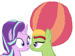 Size: 1359x1012 | Tagged: safe, artist:ktd1993, starlight glimmer, tree hugger, pony, afro, alternate hairstyle, boop, crack shipping, female, lesbian, noseboop, shipping, simple background, starhugger, transparent background